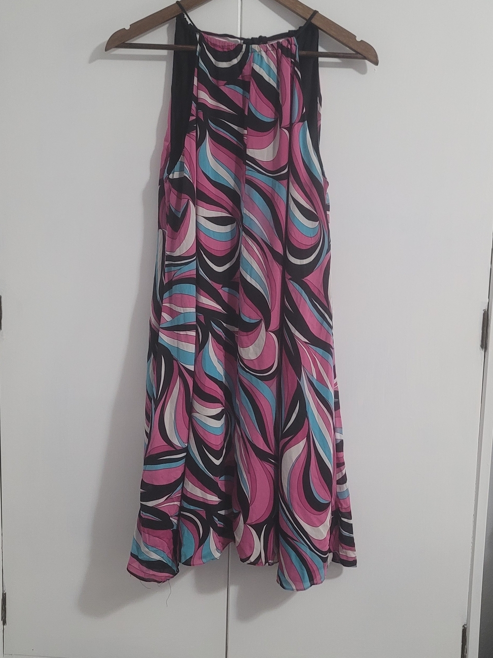 Halter Pink & Blue Swirl Midi Dress 70s Style